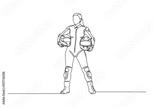 Female motorsport racer with helmets, continuous line drawing st