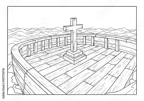 Noah's Ark Coloring Page Featuring a Cross at Sea for Religious