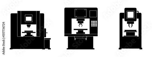 Silhouettes of three different machines placed side by side, each symbolizing various technologies and functions used in modern workspaces, industry, or automation setups

