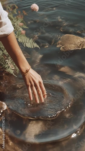Woman's hand touches clear stream of water, surrounded by green ferns and wildflowers, wearing golden rings and bracelets in a natural setting.