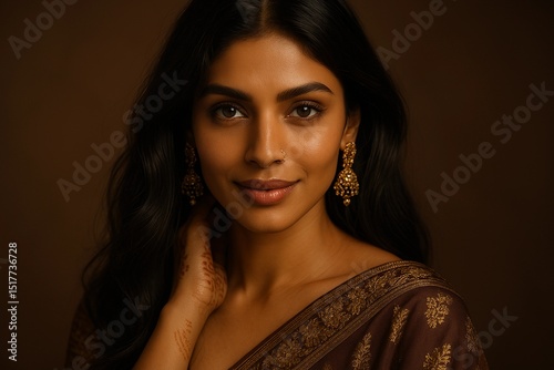 A close-up portrait of a beautiful Indian woman with long dark hair, adorned with traditional jewelry and a captivating smile