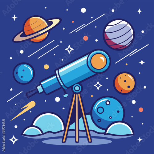Celestial Exploration Vibrant Blue Telescope Space Planets Stars Astronomy Kids Education Cartoon