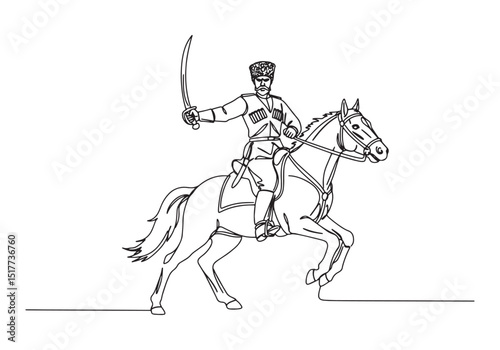 Elegant continuous line drawing of a Cossack warrior riding a ho