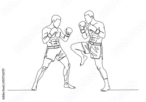 Dynamic kickboxing match illustration in continuous line drawing