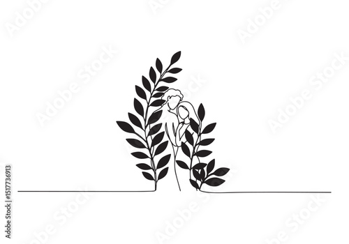 Minimalist illustration depicting Adam and Eve hiding behind fol