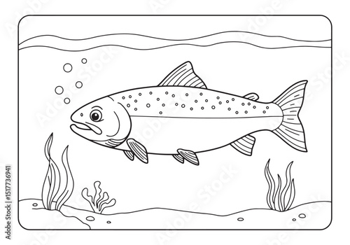 Detailed salmon illustration for children's coloring book with n