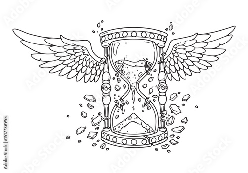 Detailed black and white illustration of a winged hourglass shat