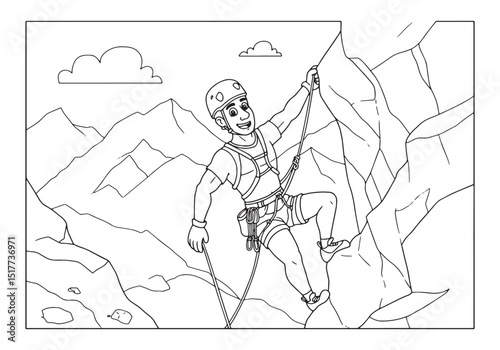 Coloring page of a man climbing a mountain, black and white illu