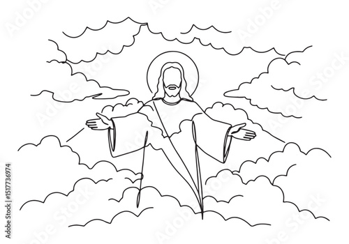 Minimalist one-line drawing of Jesus Christ with open arms in cl