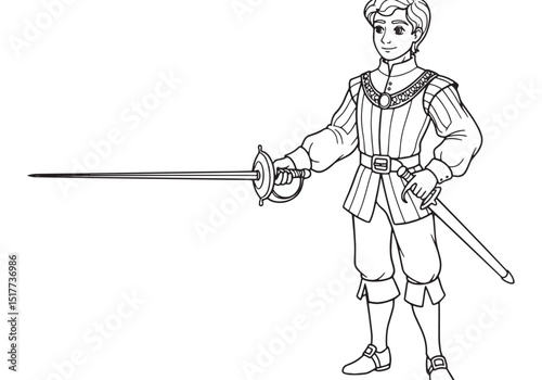 Elegant line art illustration of a young prince with sword in ha