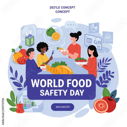Food Safety Day (WFSD) celebrated on 7 June every year, aims to draw attention and inspire action to help prevent, detect and manage foodborne risks. Vector illustration.