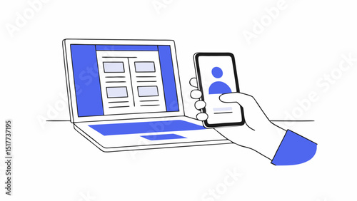 Vector Vector person using smartphone while working on laptop, showcasing modern technology and multitasking