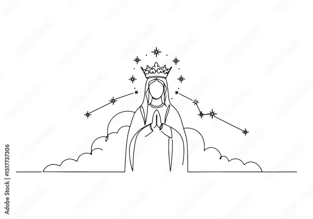 Fototapeta premium Elegant one-line drawing of crowned virgin mary with celestial s
