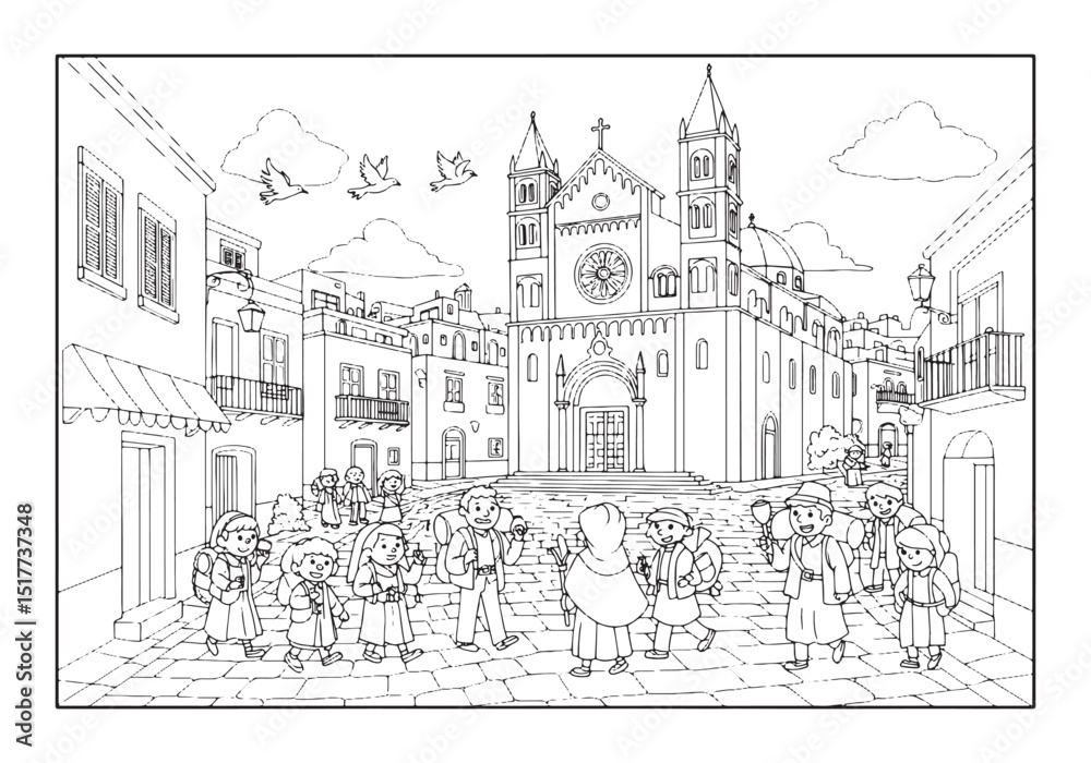 Obraz premium Pilgrimage to the Church, A Coloring Book Page for Children and