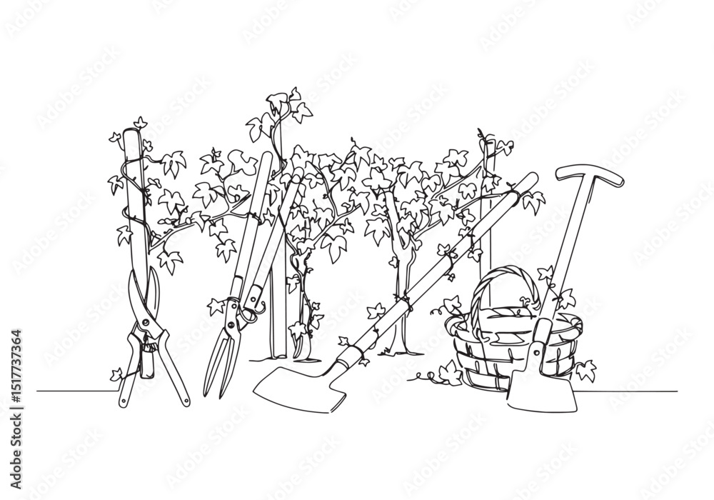 Fototapeta premium Elegant vineyard tools continuous line drawing showcasing winema