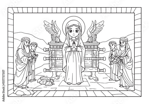 Detailed Coloring Page Depicting Mary as the Ark of the Covenant