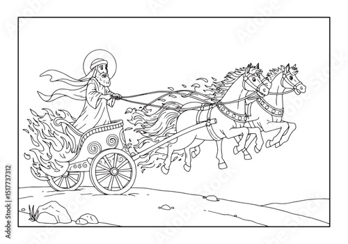 Prophet Elijah Ascension in Fiery Chariot Coloring Page Illustra