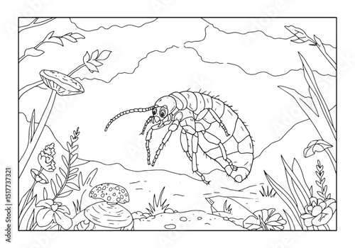 Detailed thrips in a natural habitat coloring page for education