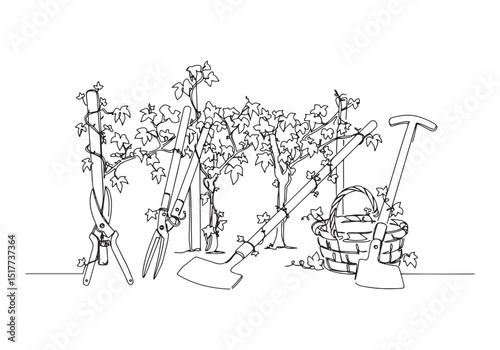 Elegant vineyard tools continuous line drawing showcasing winema