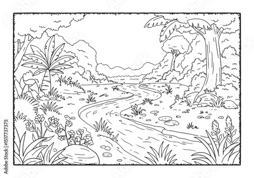 Detailed black and white drawing of the Pishon River flowing thr