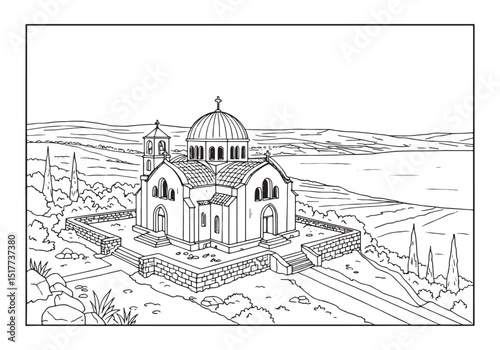 Serene Church Landscape in Black and White Coloring Book Style A