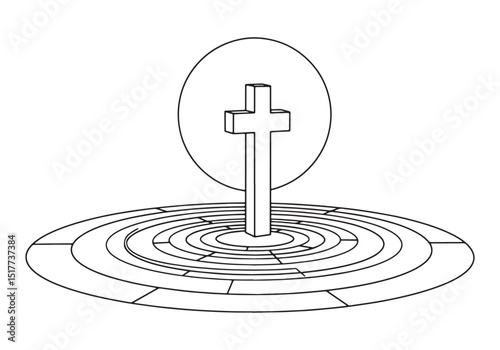 Minimalist Cross Illustration with Labyrinth Design in Black and