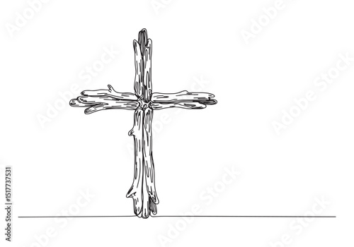 Minimalist driftwood cross continuous line drawing, religious sy