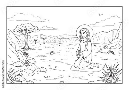 The wilderness scene features a coloring book style drawing in b