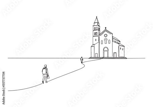 Continuous Line Drawing Depicting a Pilgrimage to the Church wit