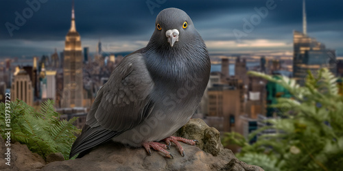 Urban Navigator: A city pigeon poses regally against the dramatic backdrop of the urban landscape, capturing a sense of curiosity and watchful presence. photo