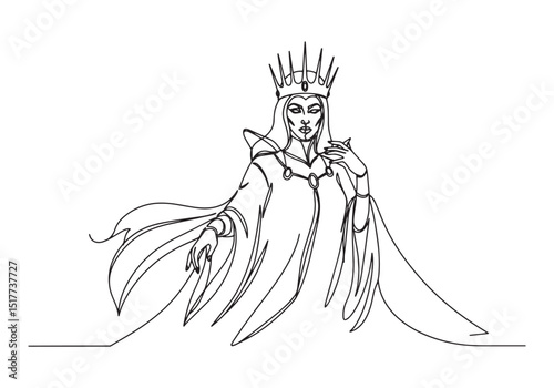 Monochrome continuous line drawing of wicked queen with sharp cr