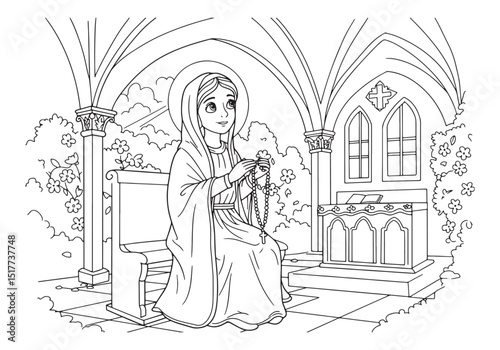 Detailed line art of Virgin Mary praying with rosary beads in ch