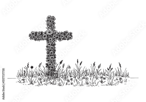 Floral Cross Illustration on Field of Flowers, Black and White C