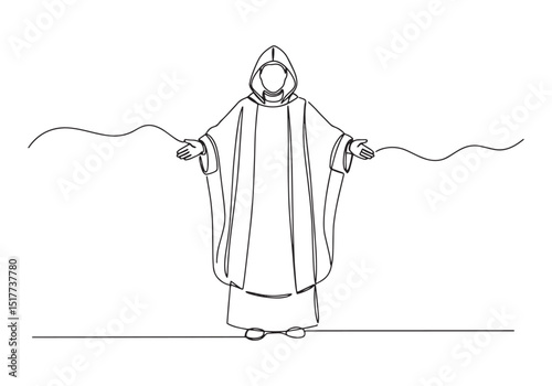 Continuous line drawing of a priest in ceremonial robes offering