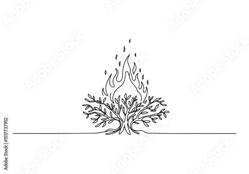 Burning Bush Continuous Line Drawing, A Minimalist Black and Whi