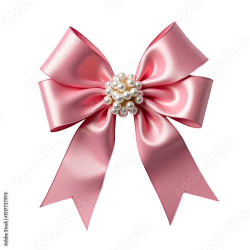 A soft pink satin bow with pearl embellishment isolated on transparent background