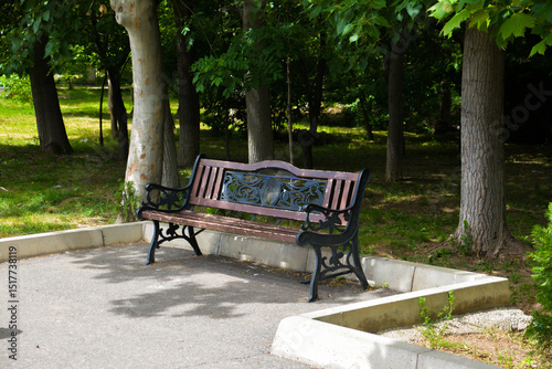 Fototapeta Naklejka Na Ścianę i Meble -  Benches in the park. Beautiful natural park with benches. Place to relax