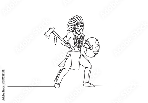 One Line Drawing of Apache Warrior Holding Shield and Tomahawk A