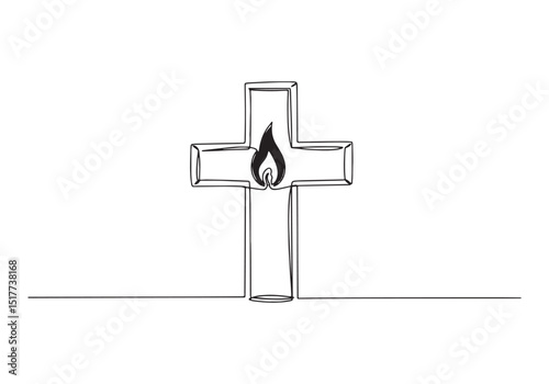 Single continuous line drawing of sacred flame on a religious cr