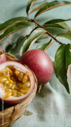 Several ripe passion fruits, whole and halved, in a woven basket with tropical plant branch on a light blue textured cloth.