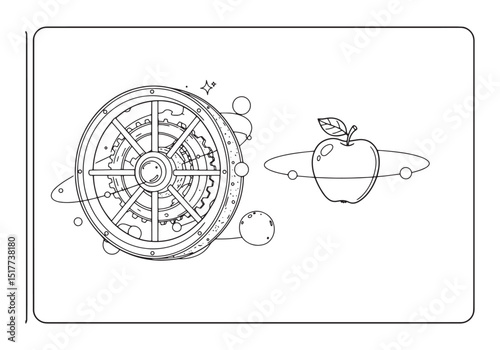 Intricate steampunk wheel and orbiting apple illustration for co