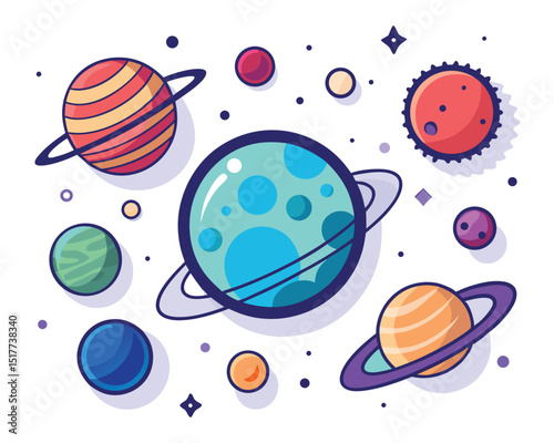 Colorful Planets Space Solar System Cartoon Cute Design Kids Astronomy Universe Galaxy Stars