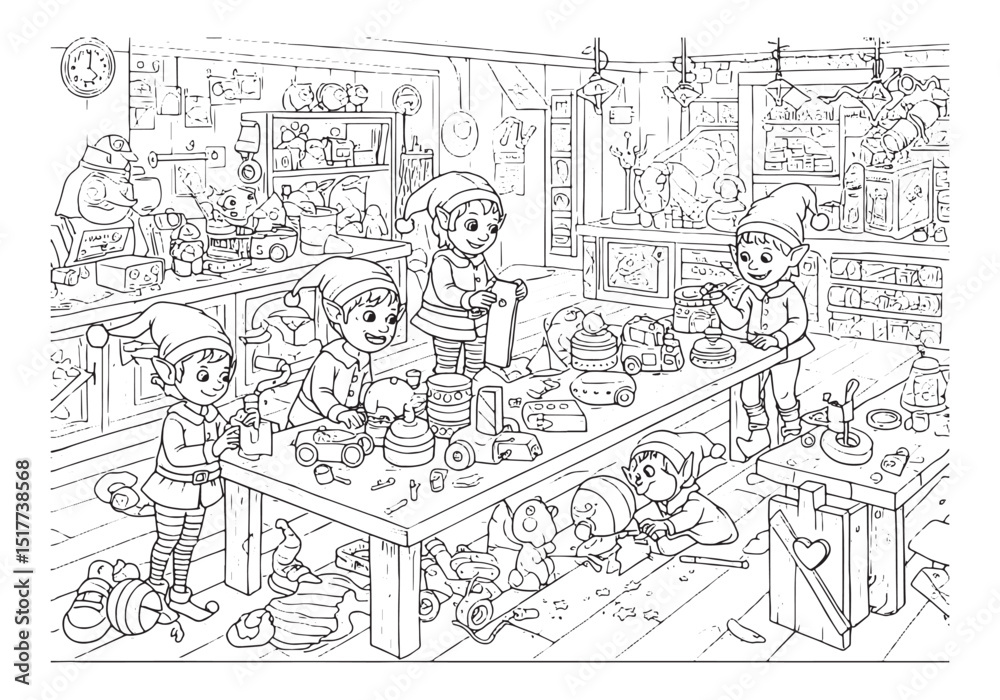 Obraz premium Elves crafting toys in Santa's workshop coloring page for kids,