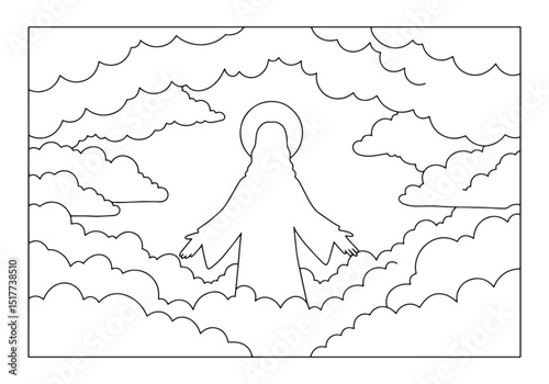 Jesus Christ in clouds, a detailed coloring page illustration de