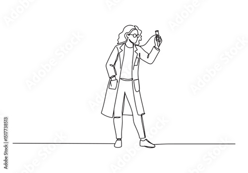 Female scientist examining a test tube in single continuous line