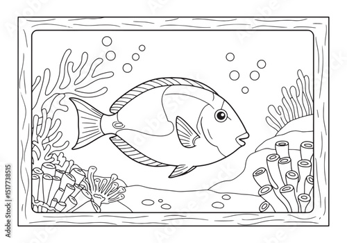 Surgeonfish coloring page with coral reef elements illustration