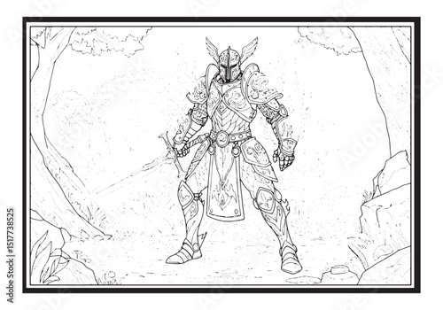 Epic coloring page of a mighty warrior in full armor amidst fant