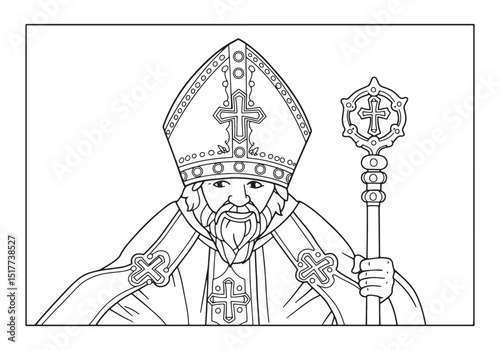 Detailed bishop illustration wearing a mitre and holding crozier