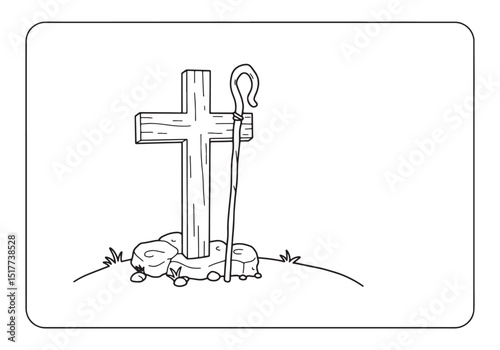 Christian cross and shepherd's staff coloring page illustration