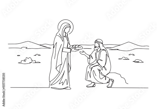 Continuous Line Drawing of Virgin Mary Offering Bread to a Man K